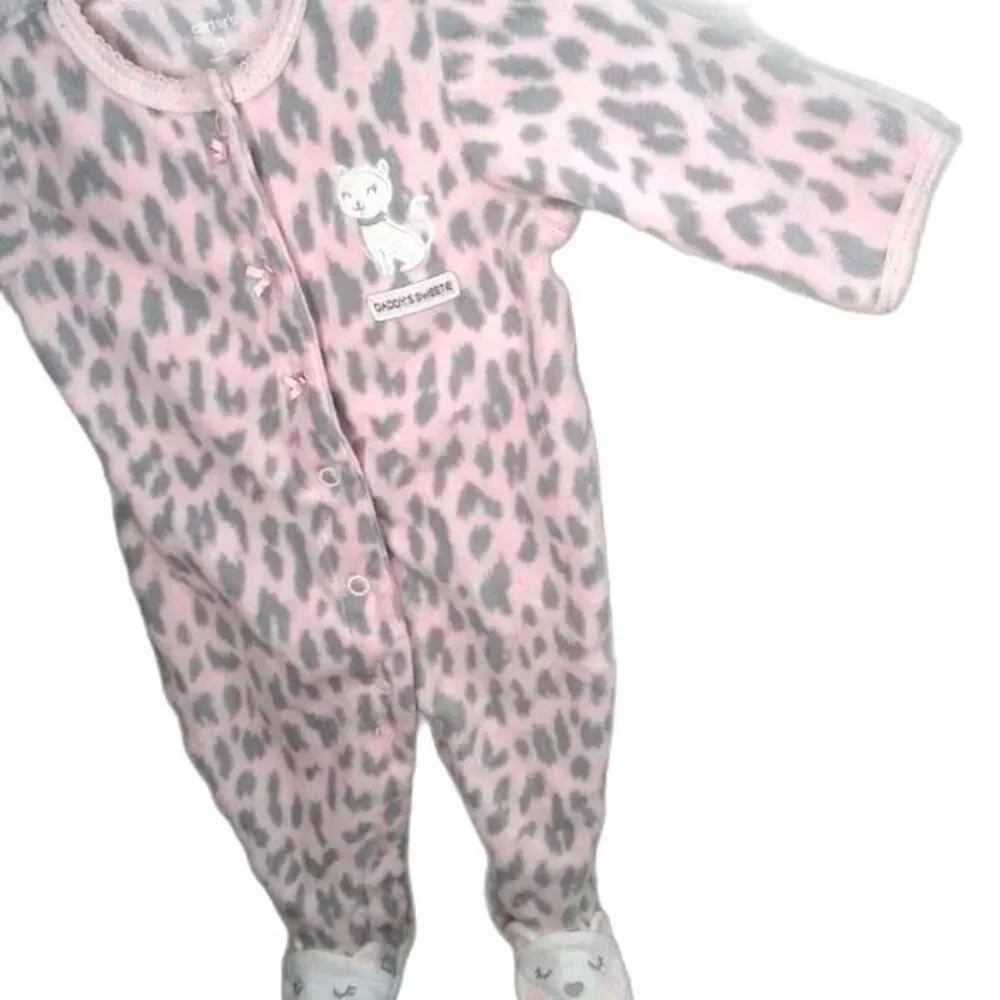 Carter's Girls 3M Footed Fleece Animal Print Sleeper Daddy'sGirl Pink Grey Kitty